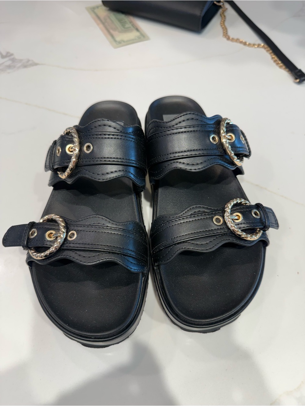 Dolce Vita Sheree Black Double-Buckle Slide Sandals with Gold Rope Buckles